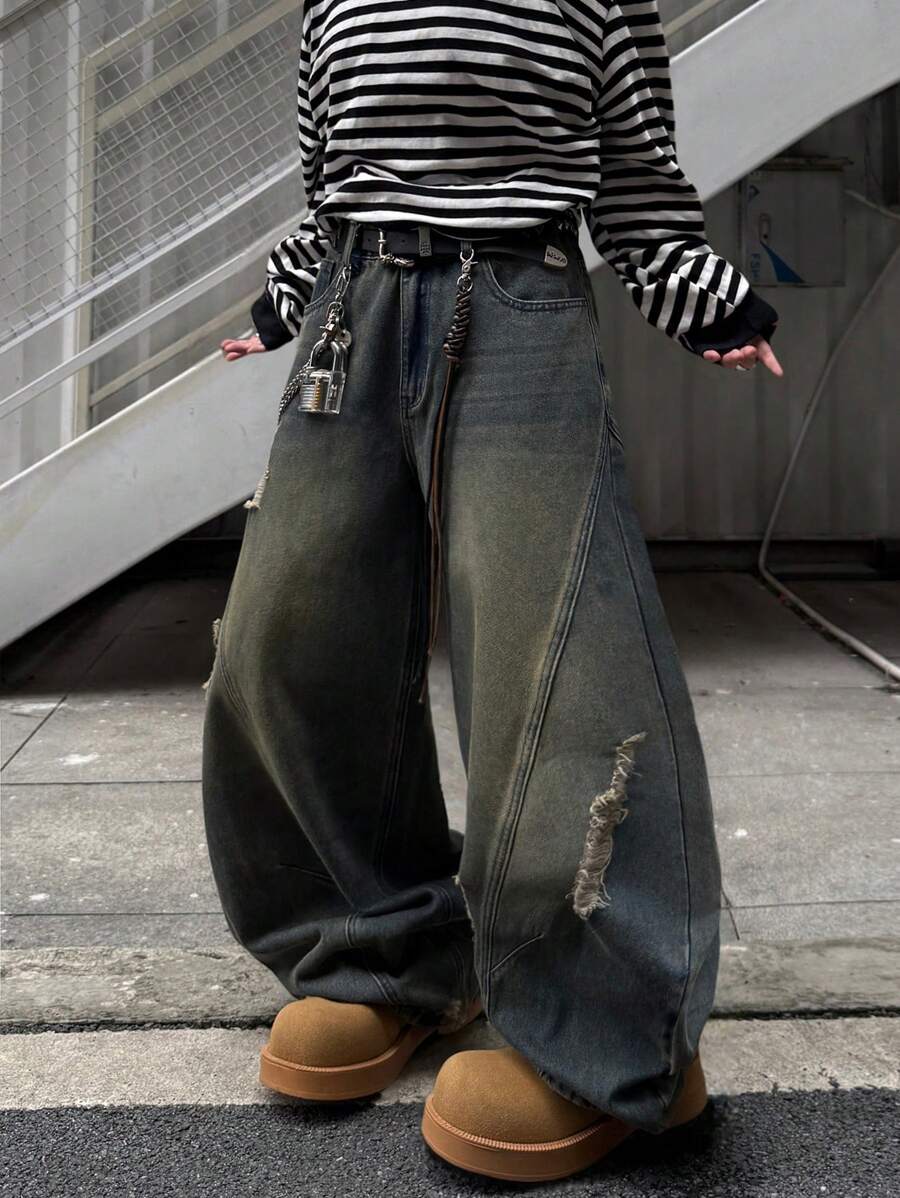 Japanese streetwear distressed wide leg jeans black oversized baggy denim pants Harajuku fashion
