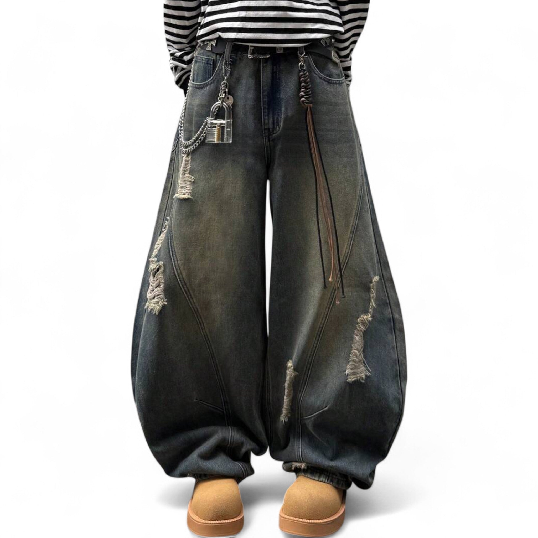 Japanese streetwear distressed wide leg jeans black oversized baggy denim pants Harajuku fashion