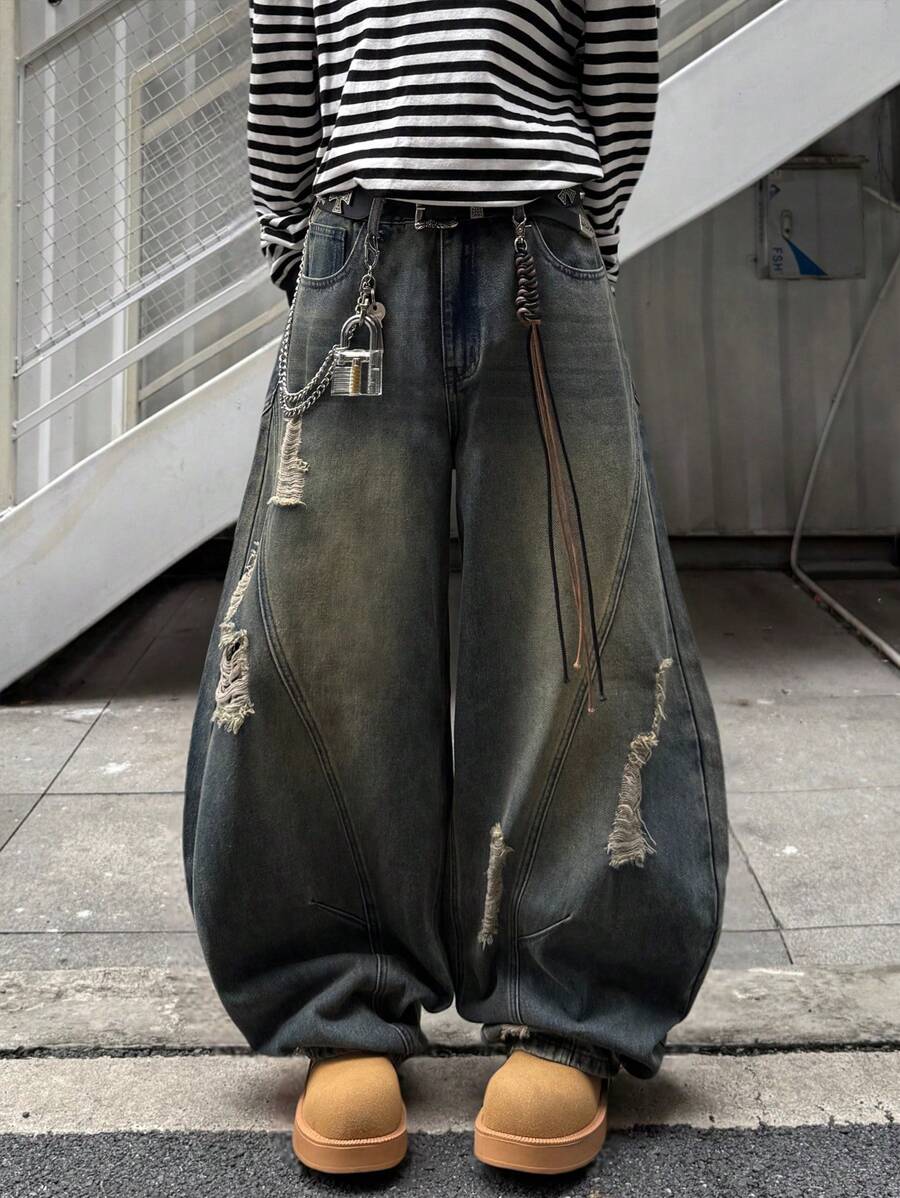 Japanese streetwear distressed wide leg jeans black oversized baggy denim pants Harajuku fashion