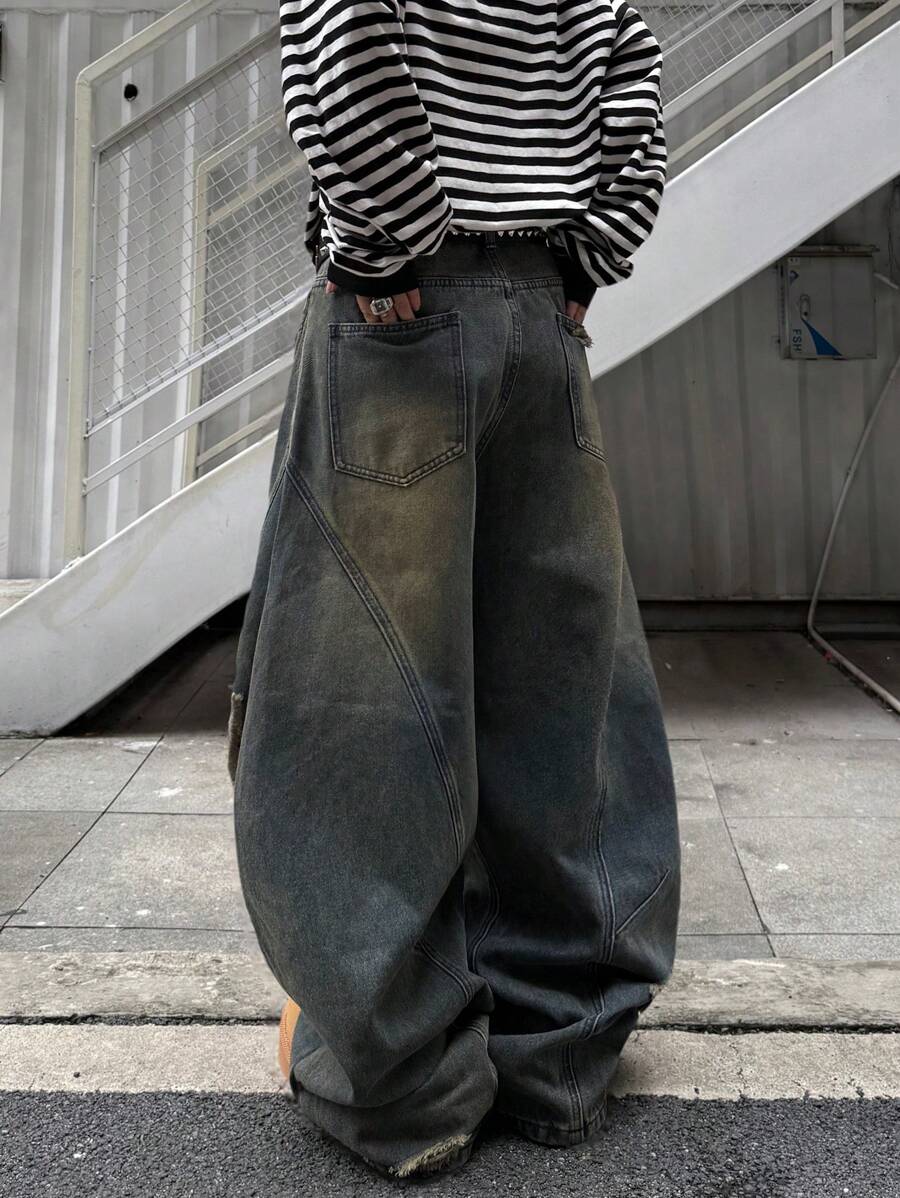 Japanese streetwear distressed wide leg jeans black oversized baggy denim pants Harajuku fashion