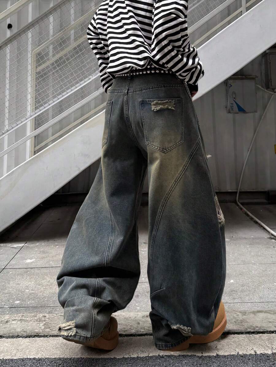 Japanese streetwear distressed wide leg jeans black oversized baggy denim pants Harajuku fashion