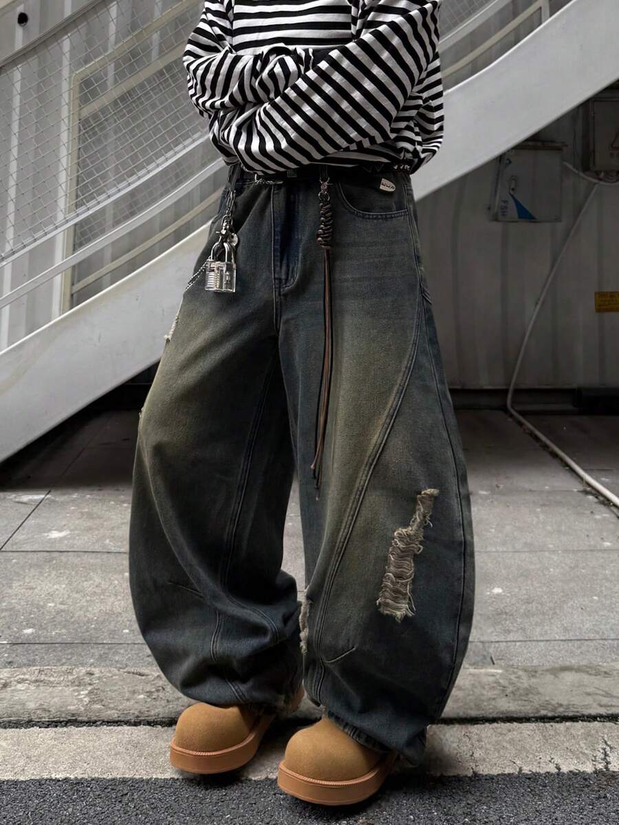 Japanese streetwear distressed wide leg jeans black oversized baggy denim pants Harajuku fashion