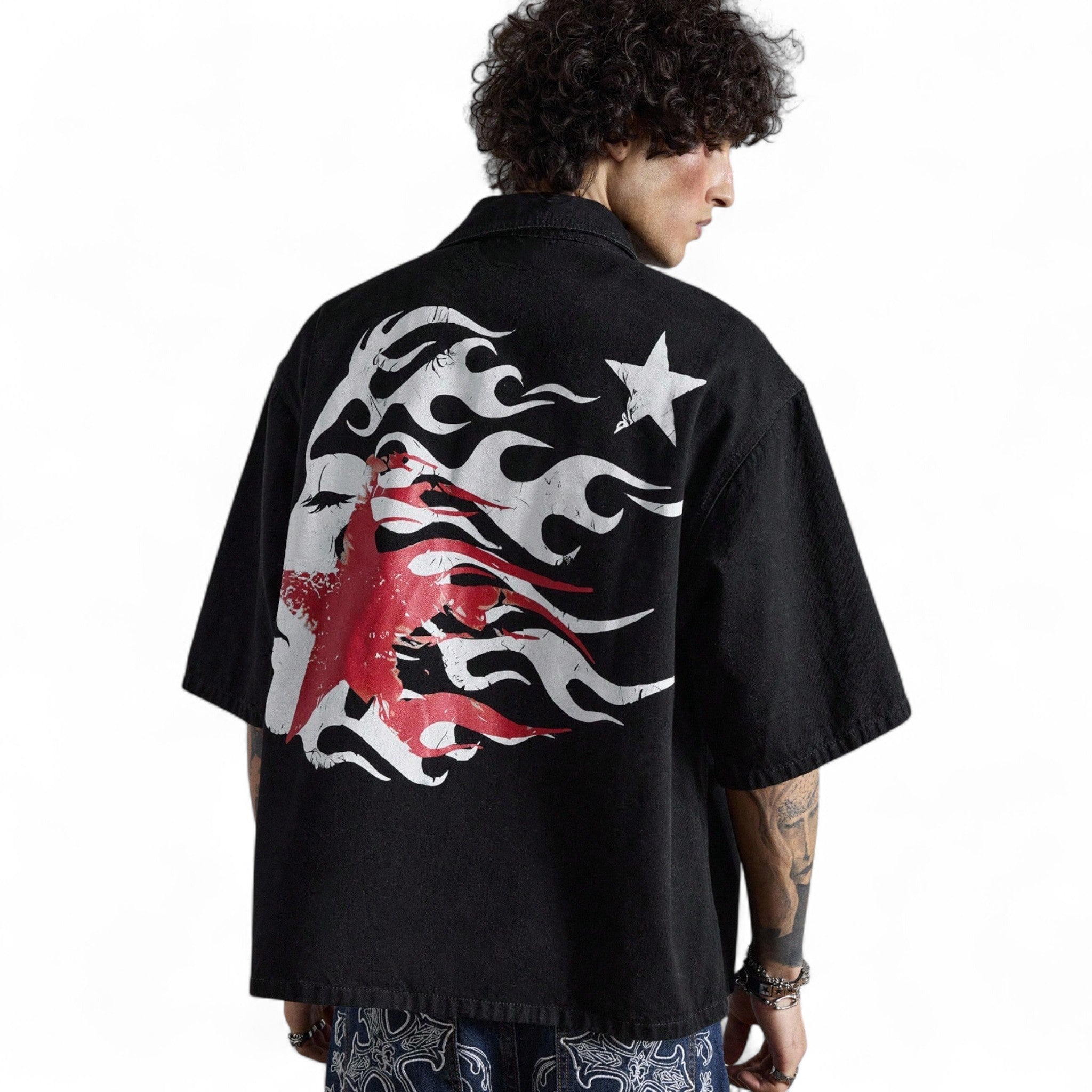 Japanese streetwear men’s black denim shirt – oversized flame and star graphic half sleeve hip-hop style