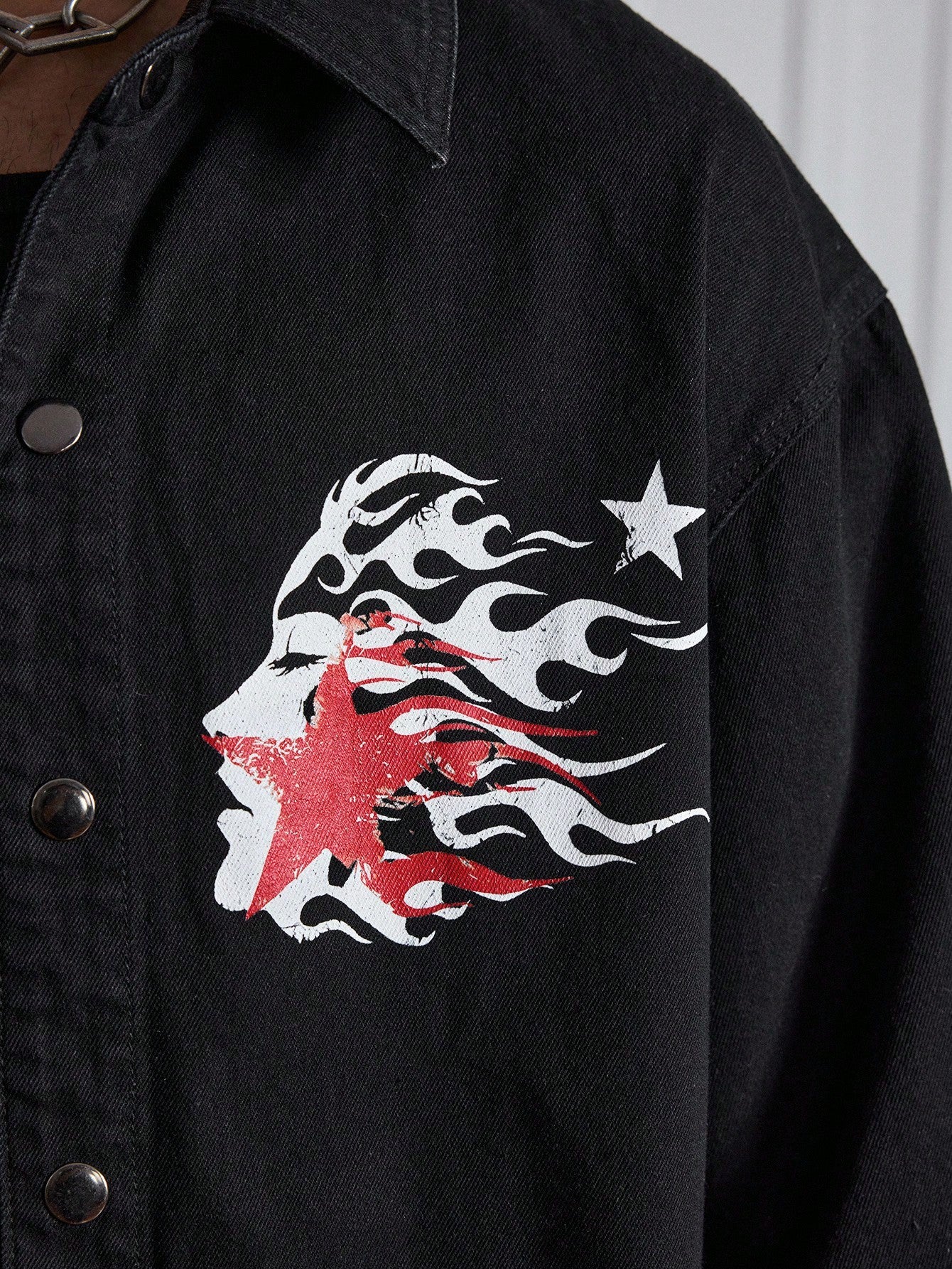 Japanese streetwear men’s black denim shirt – oversized flame and star graphic half sleeve hip-hop style