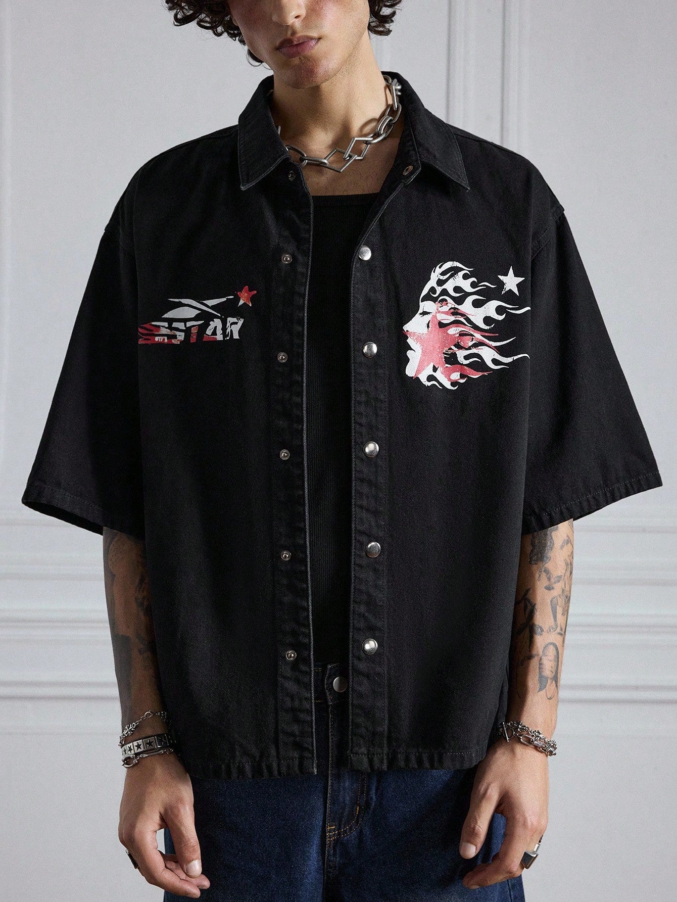 Japanese streetwear men’s black denim shirt – oversized flame and star graphic half sleeve hip-hop style