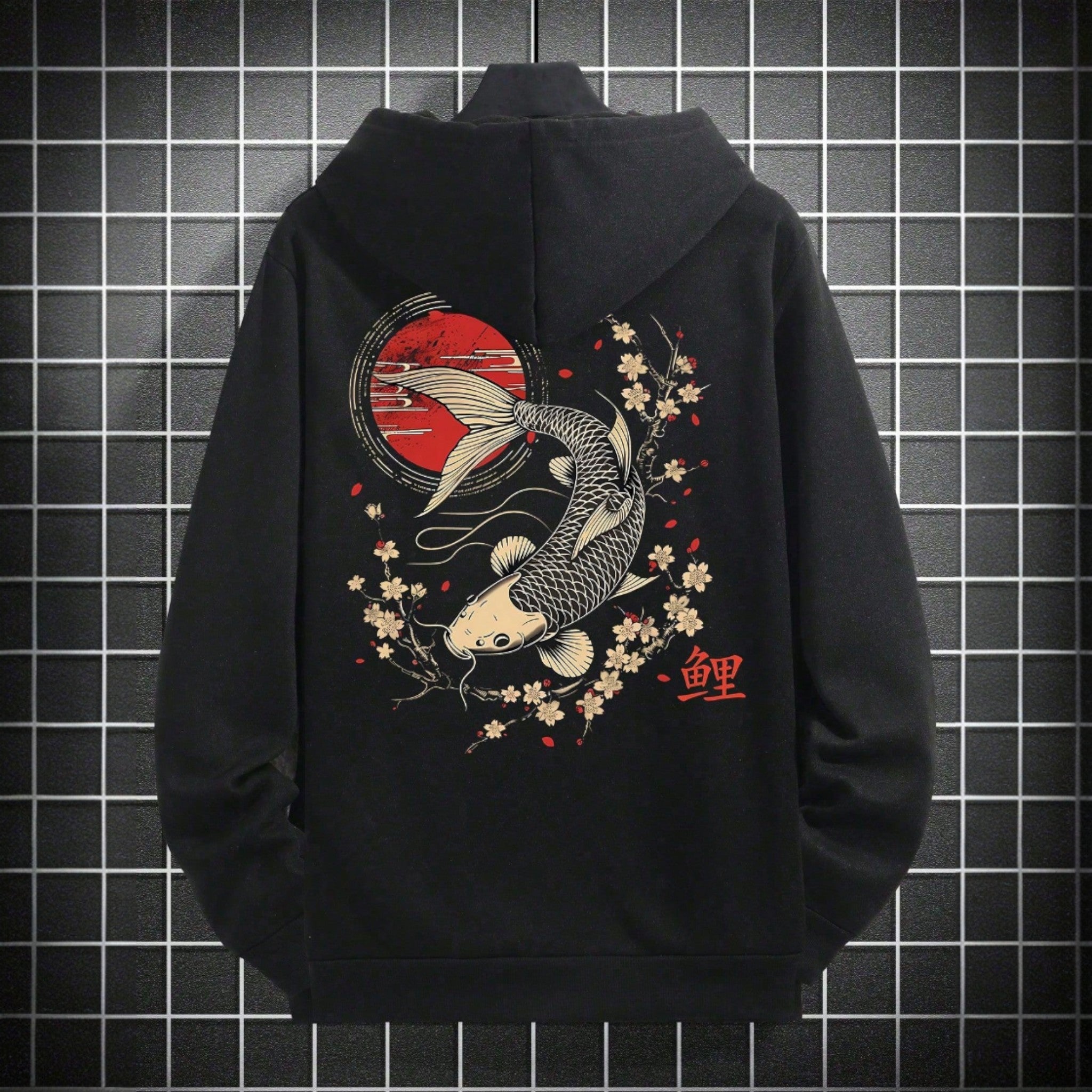 Japanese streetwear hoodie – black oversized hoodie with koi fish, sakura flowers, and red sun graphic