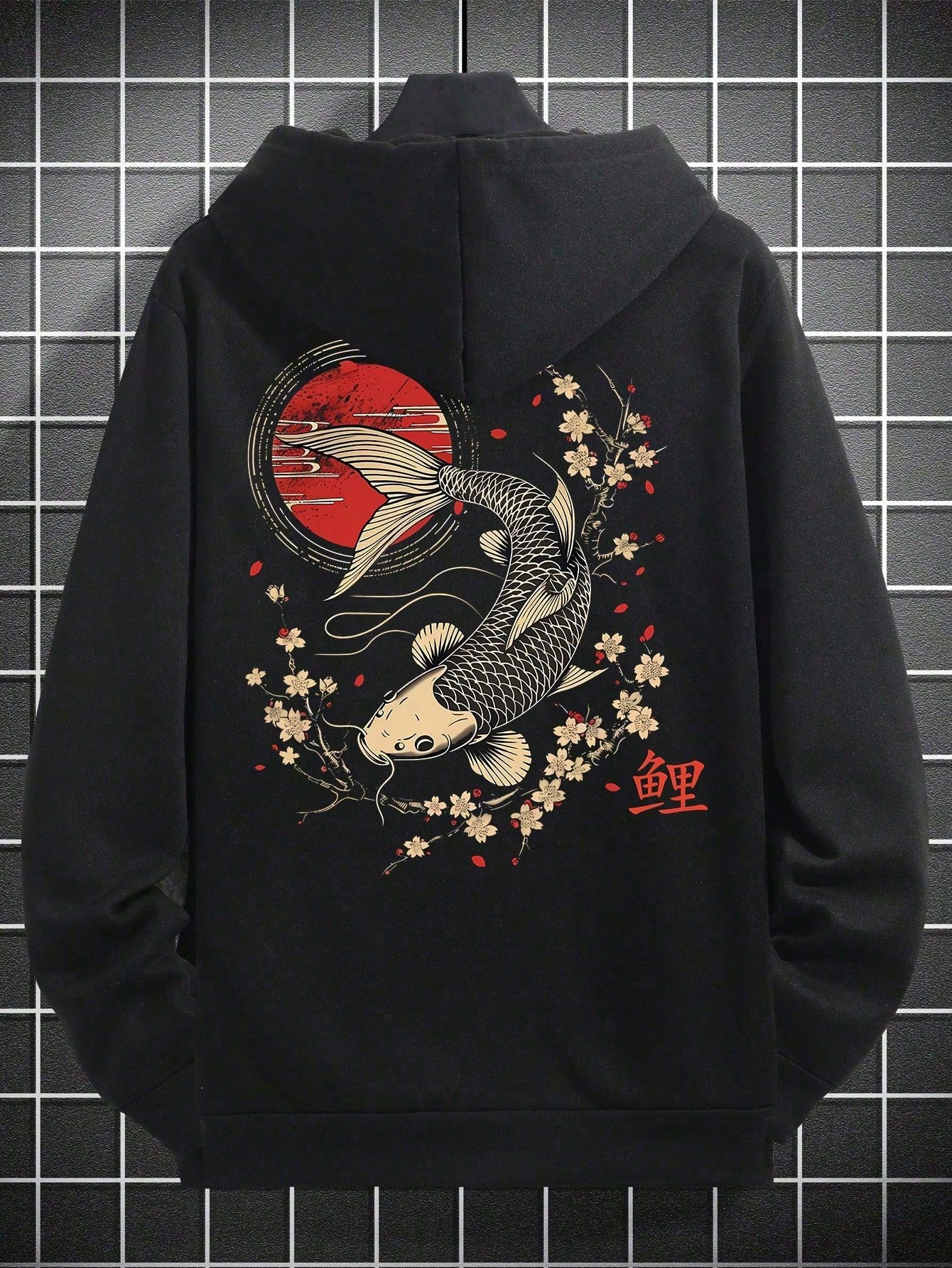 Japanese streetwear hoodie – black oversized hoodie with koi fish, sakura flowers, and red sun graphic