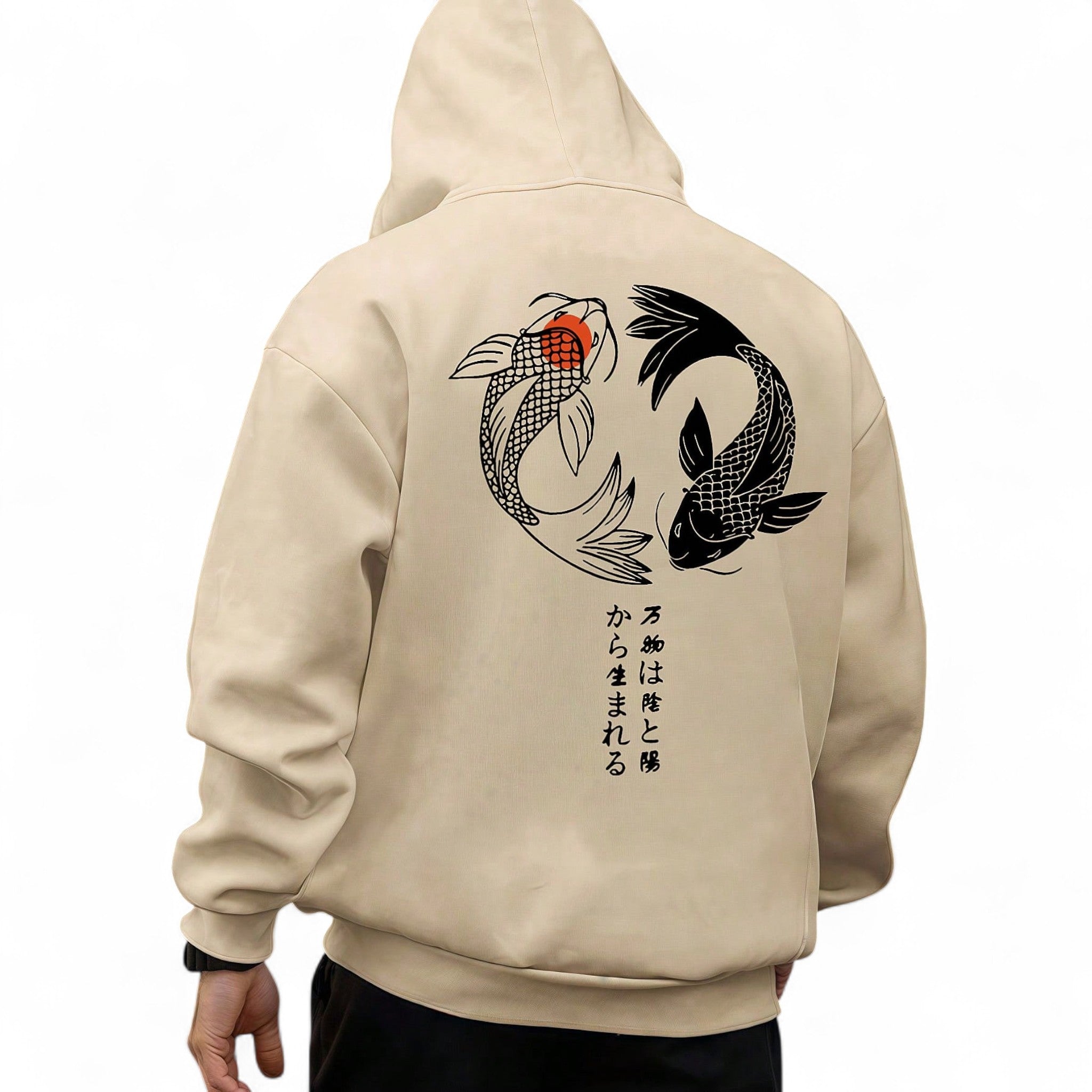 Japanese streetwear apricot hoodie – textured drop shoulder hooded pullover with pocket