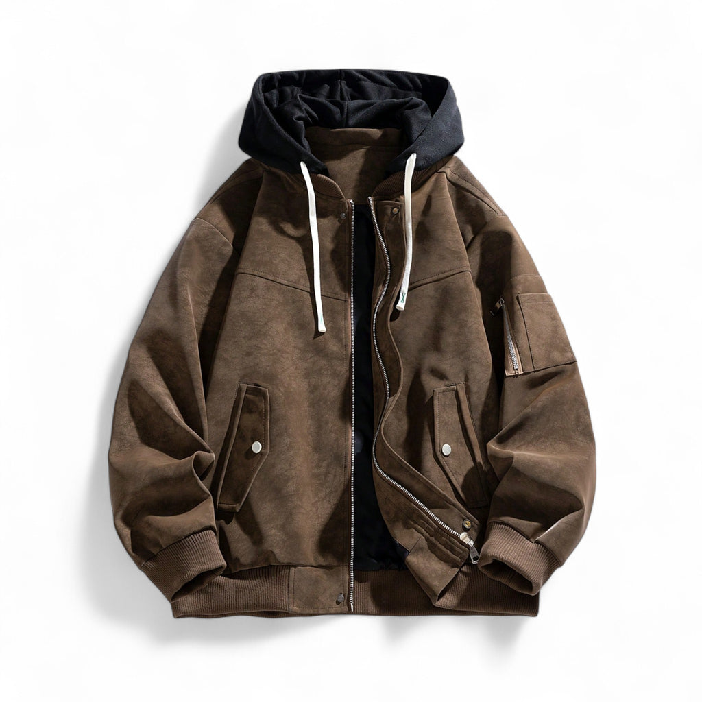 Japanese streetwear coffee brown hoodie jacket – oversized Halloween zip-up with drawstring and drop shoulders