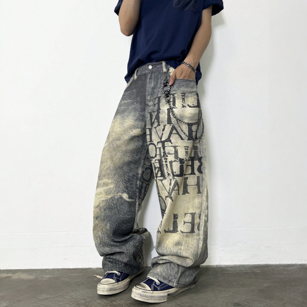 Japanese streetwear avant-garde wide leg jeans with faded wash and gothic letter print design
