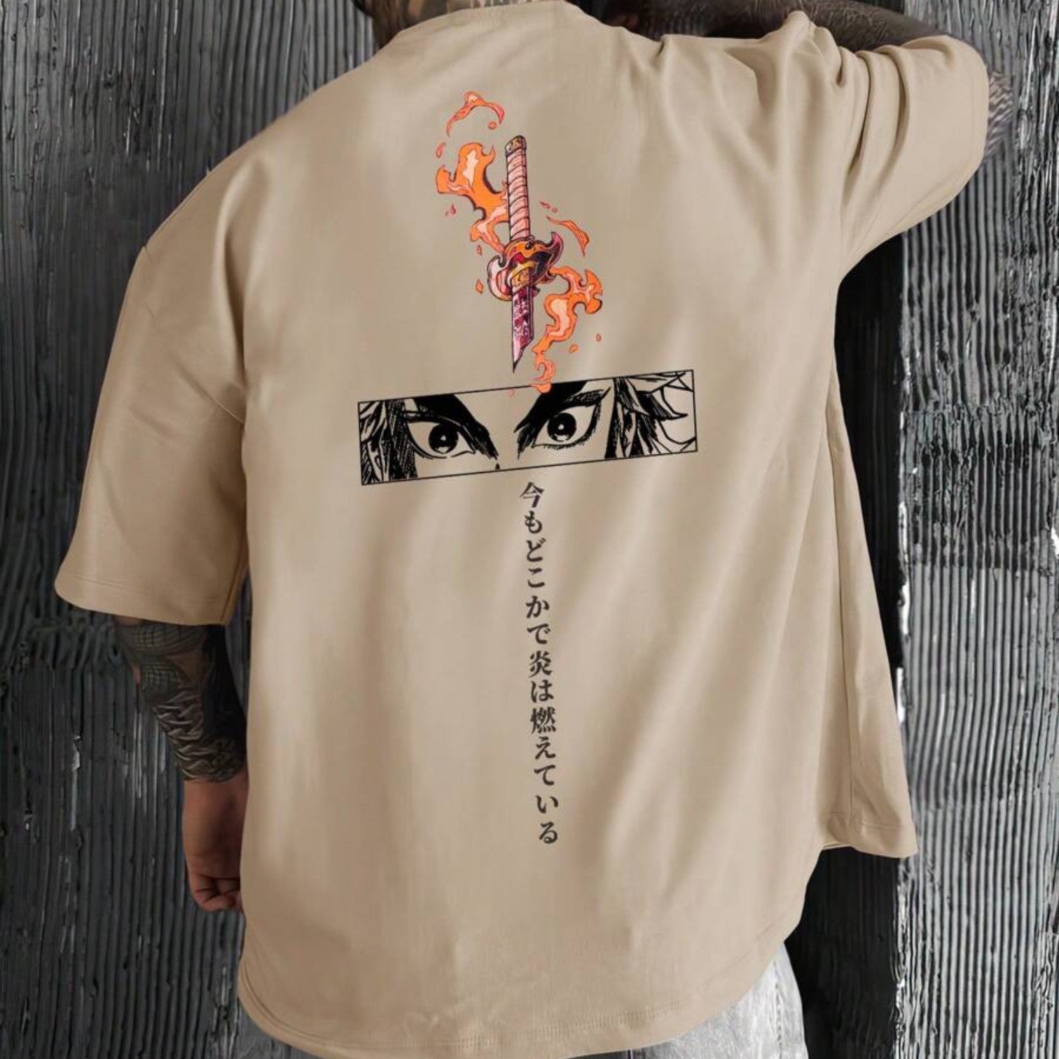 Khaki anime streetwear t-shirt with flaming sword and manga eye graphic – Japanese summer tee