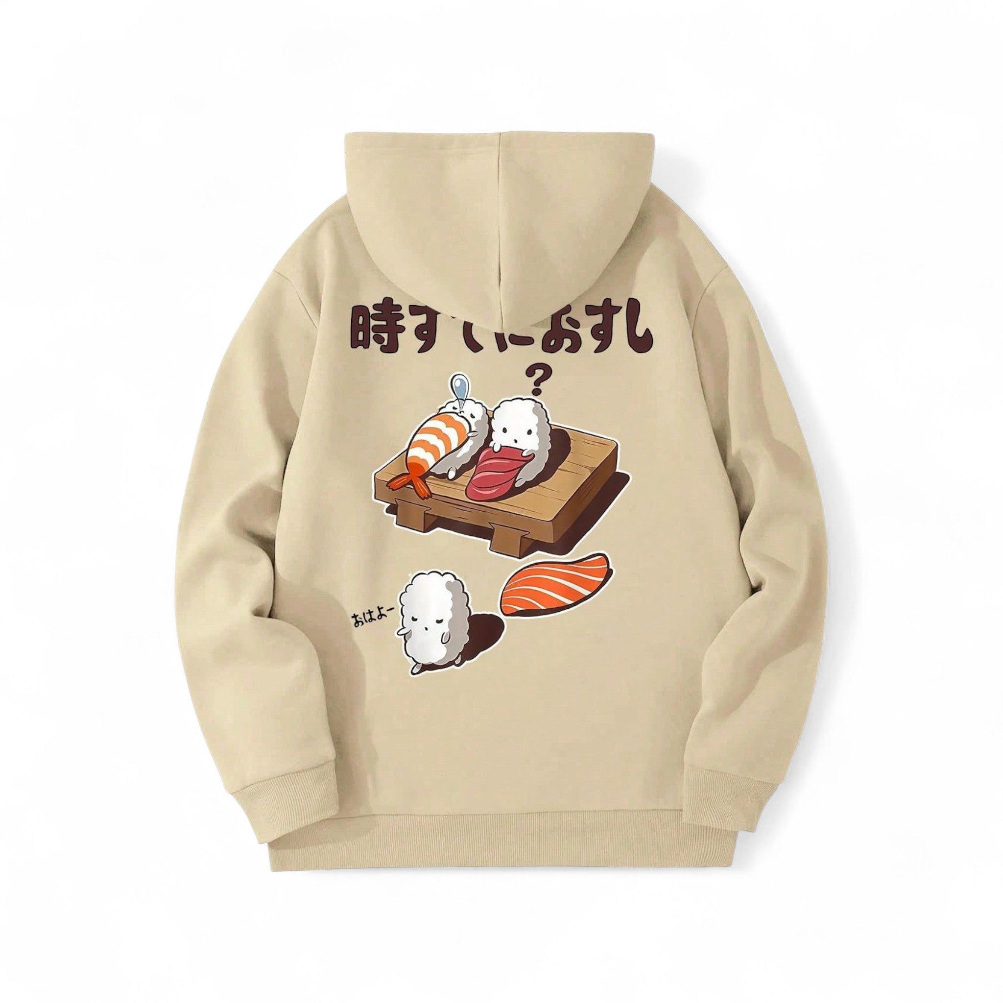 Japanese streetwear sushi hoodie – apricot oversized kawaii hoodie with cartoon sushi and rice print