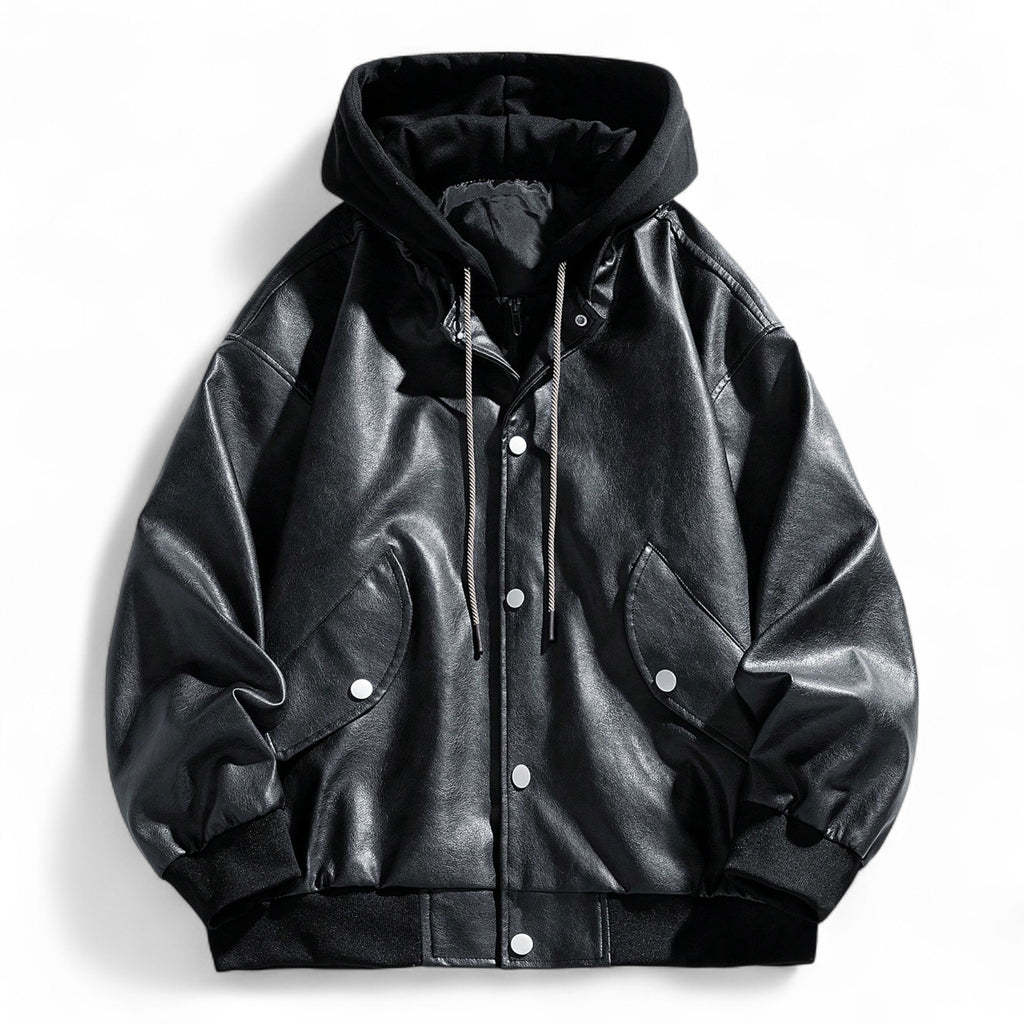 Japanese streetwear oversized PU leather hooded jacket in black with snap buttons and drawstring urban utility style