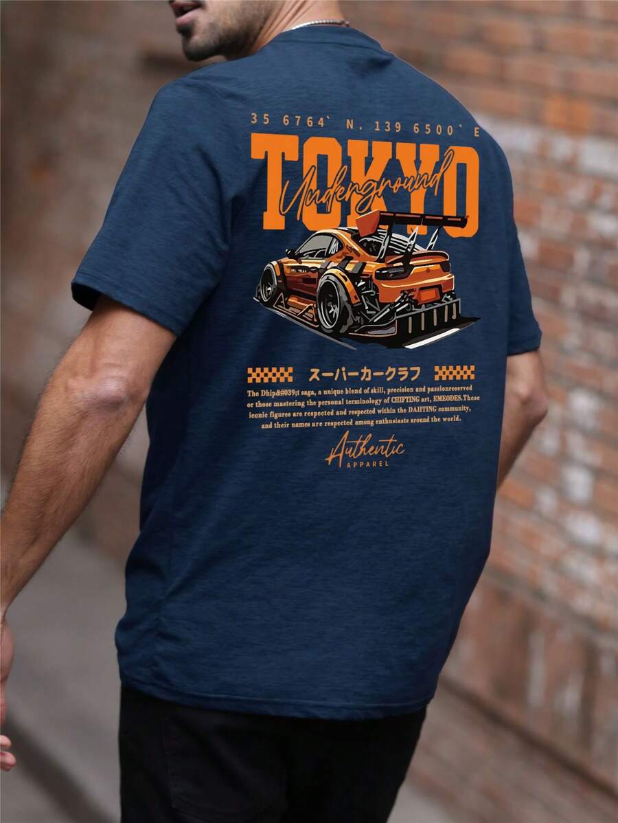 Navy blue Tokyo Underground car t-shirt with drift car graphic and Japanese text – hip-hop streetwear style