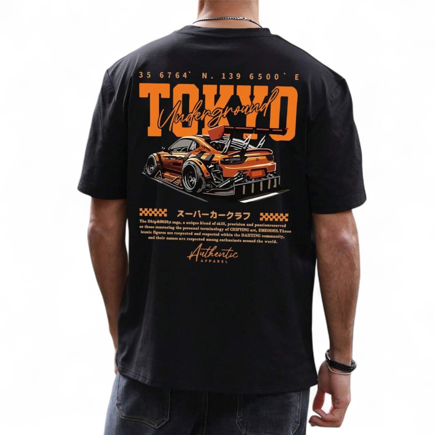 Black Tokyo Underground car t-shirt with drift car graphic and Japanese text – hip-hop streetwear style