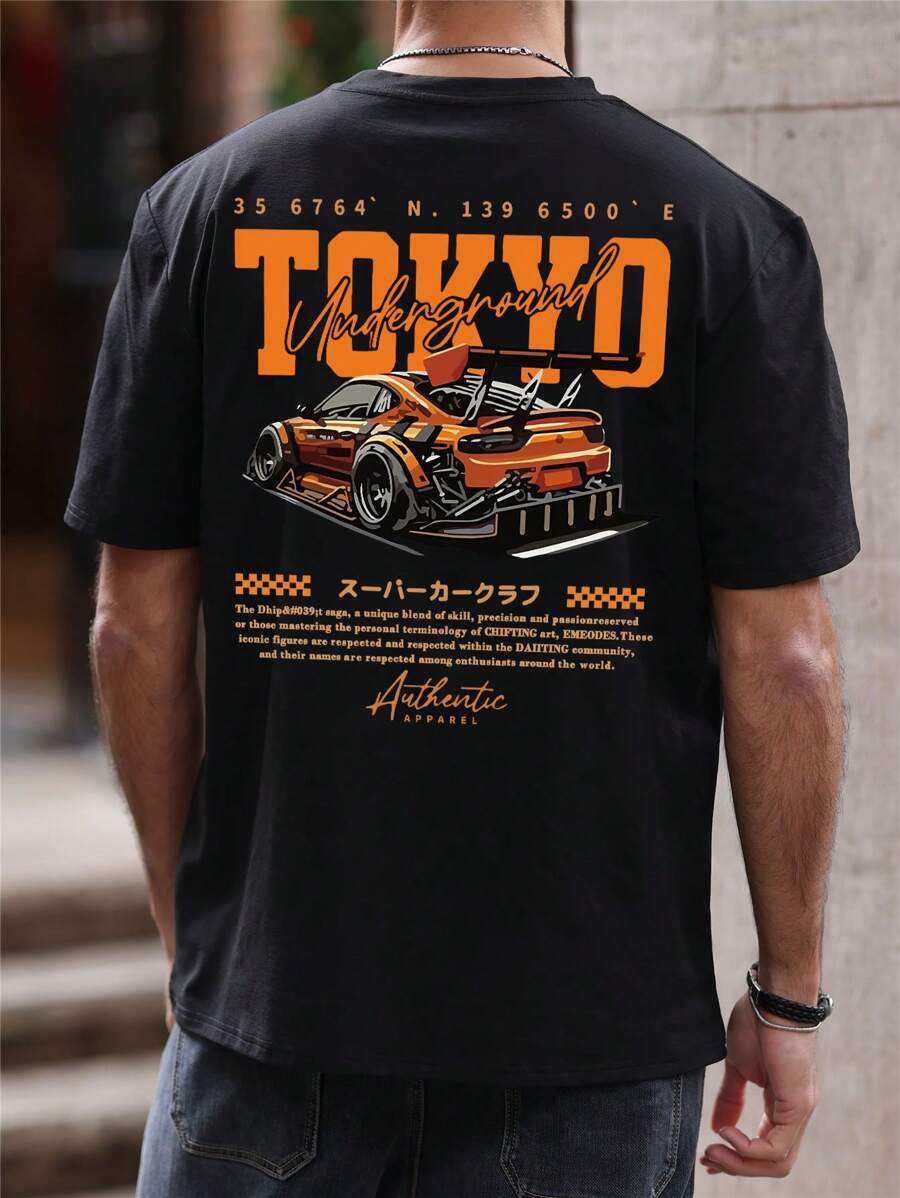 Black Tokyo Underground car t-shirt with drift car graphic and Japanese text – hip-hop streetwear style