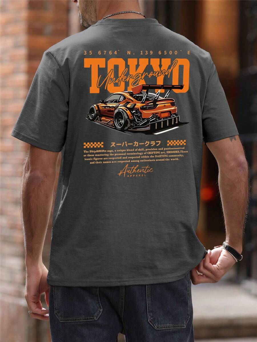 Dark Grey Tokyo Underground car t-shirt with drift car graphic and Japanese text – hip-hop streetwear style