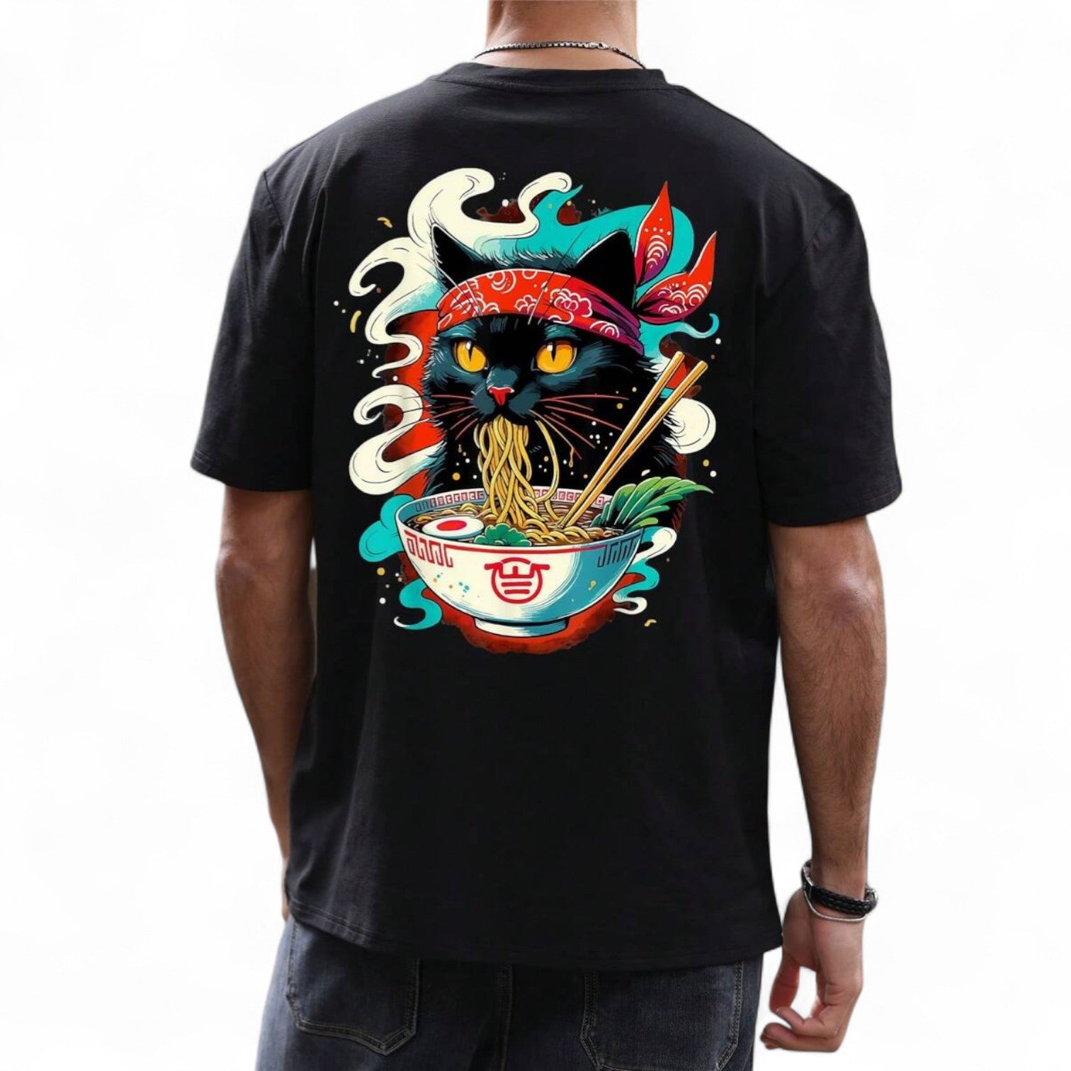 Black streetwear t-shirt with cartoon black cat eating ramen – anime graphic tee for spring summer