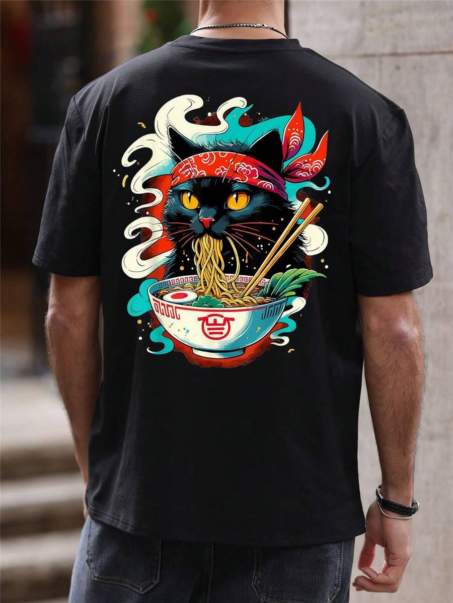 Black streetwear t-shirt with cartoon black cat eating ramen – anime graphic tee for spring summer