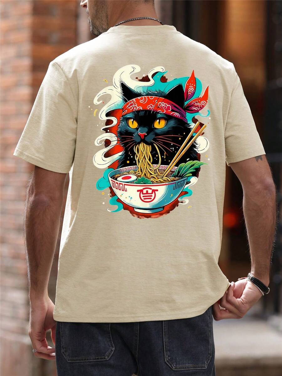 Apricot streetwear t-shirt with cartoon black cat eating ramen – anime graphic tee for spring summer