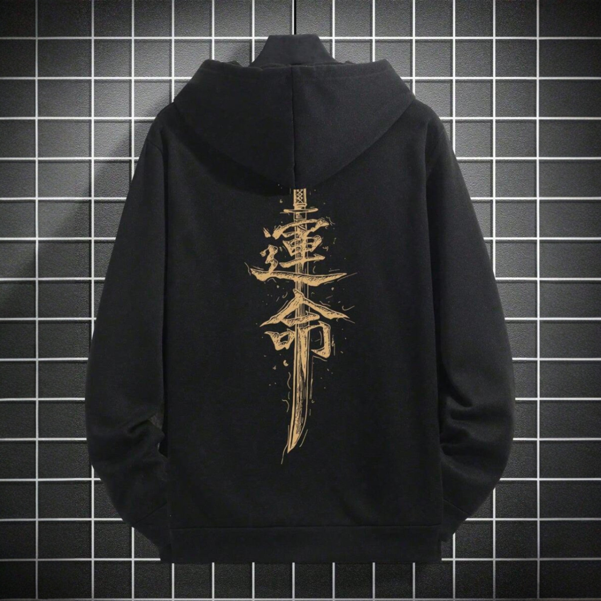 Japanese streetwear men’s hoodie – black oversized hoodie with gold katana sword and kanji print