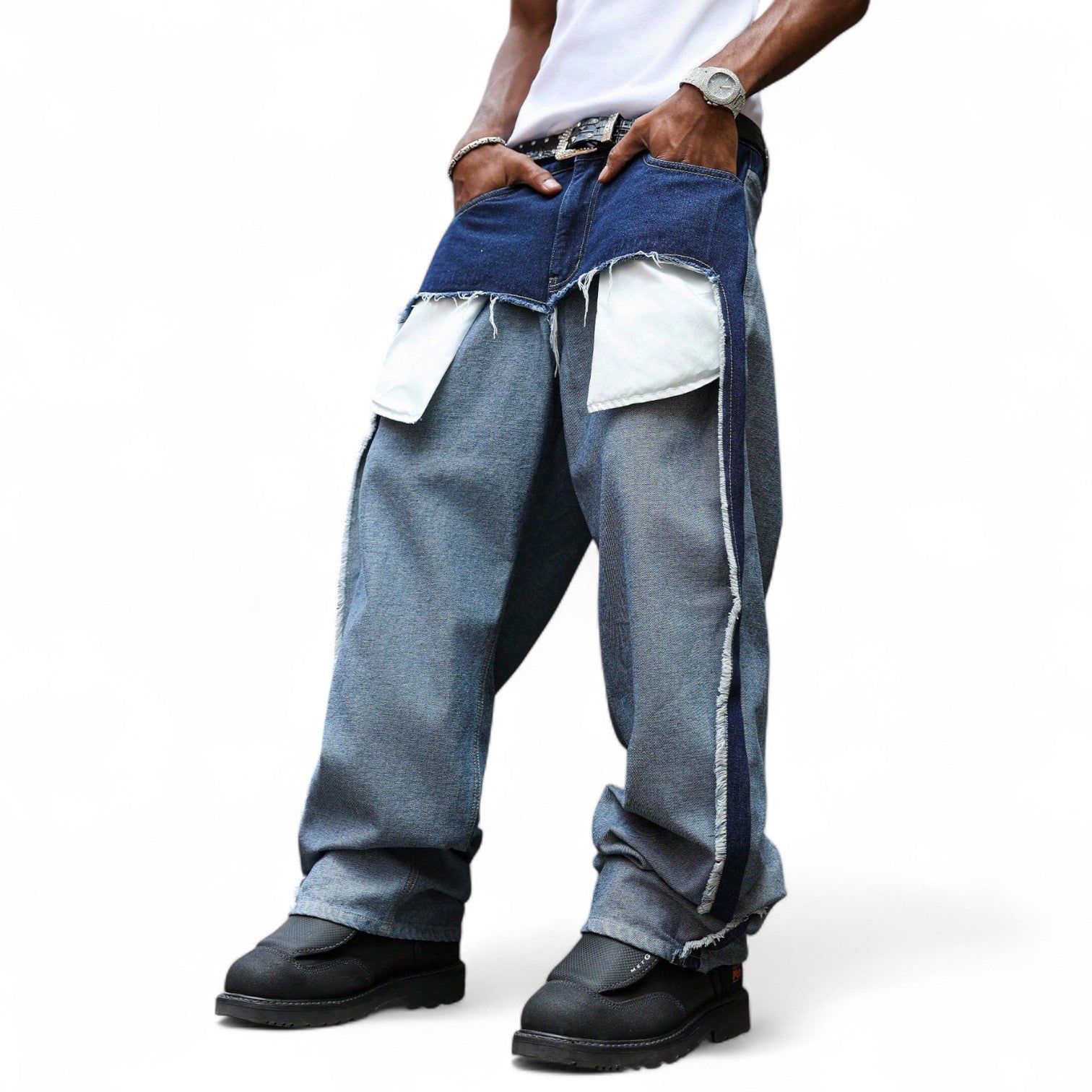 Men’s wide leg blue denim jeans with zipper fly and loose fit – Japanese streetwear style