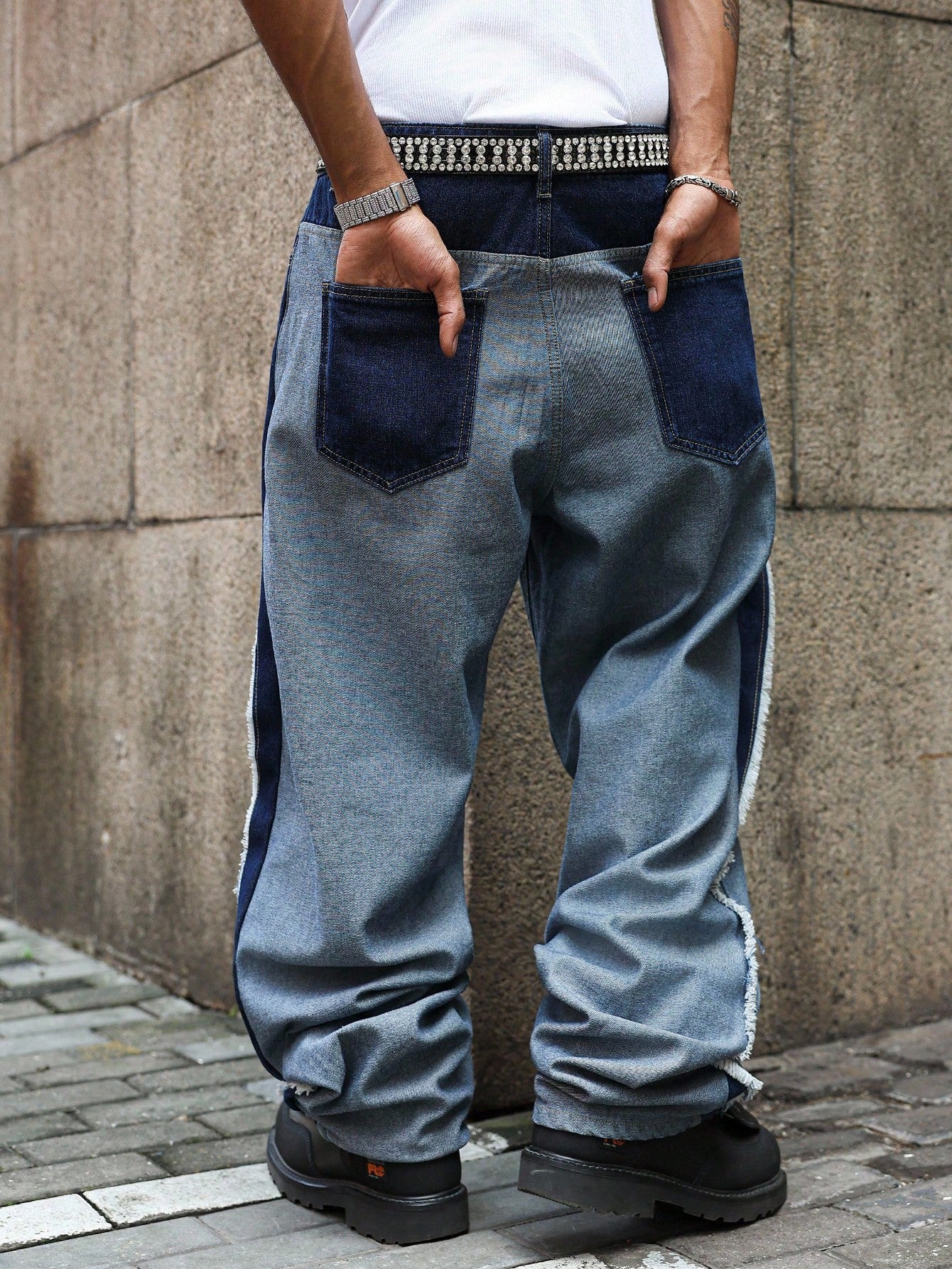 Men’s wide leg blue denim jeans with zipper fly and loose fit – Japanese streetwear style