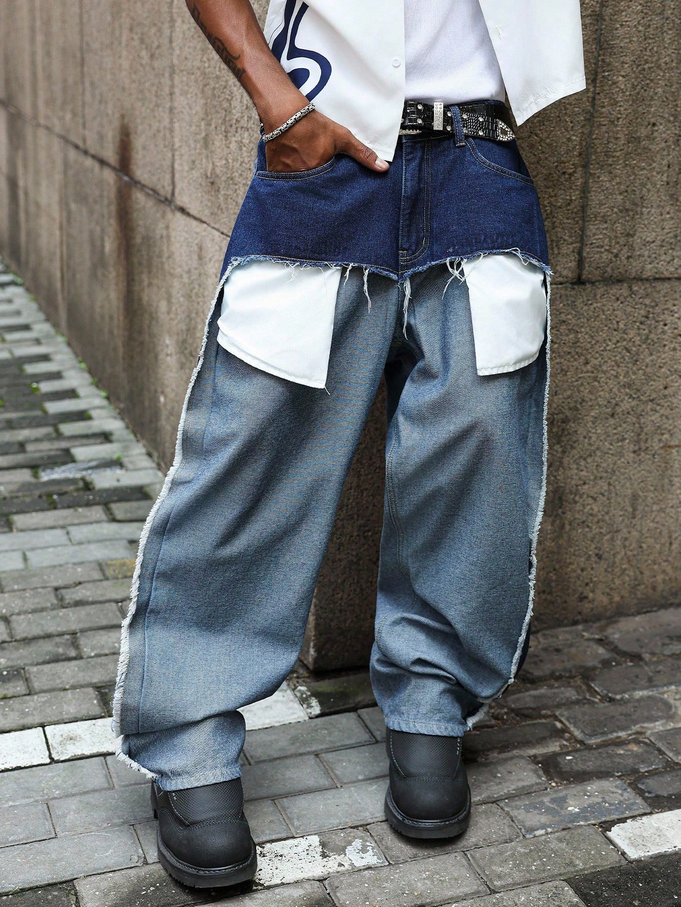 Men’s wide leg blue denim jeans with zipper fly and loose fit – Japanese streetwear style