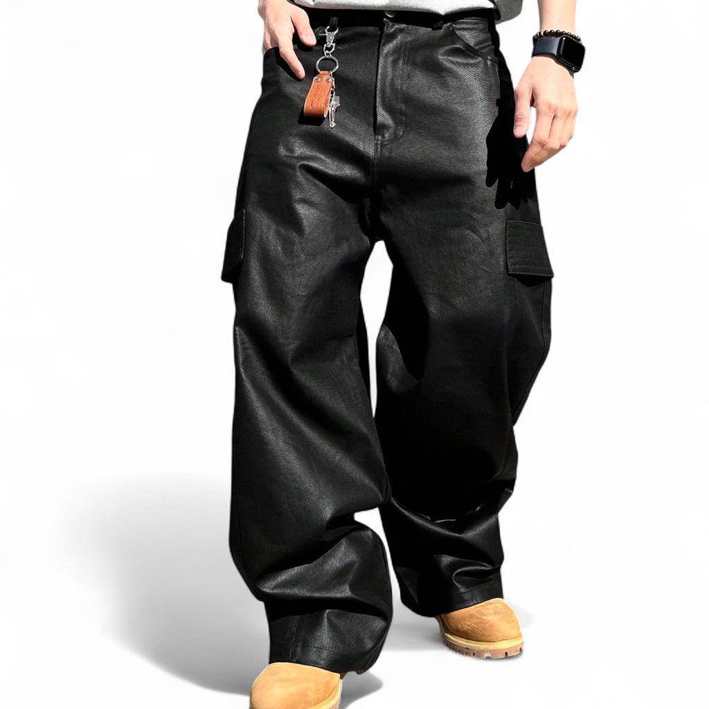 Japanese streetwear wide leg PU leather pants black avant garde baggy trousers Tokyo fashion