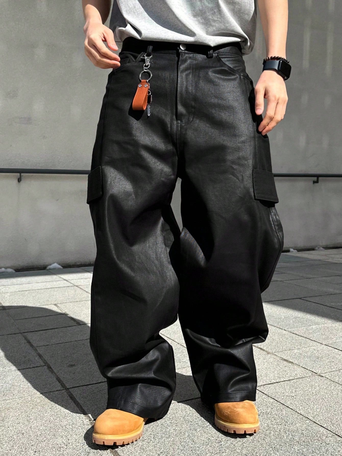 Japanese streetwear wide leg PU leather pants black avant garde baggy trousers Tokyo fashion