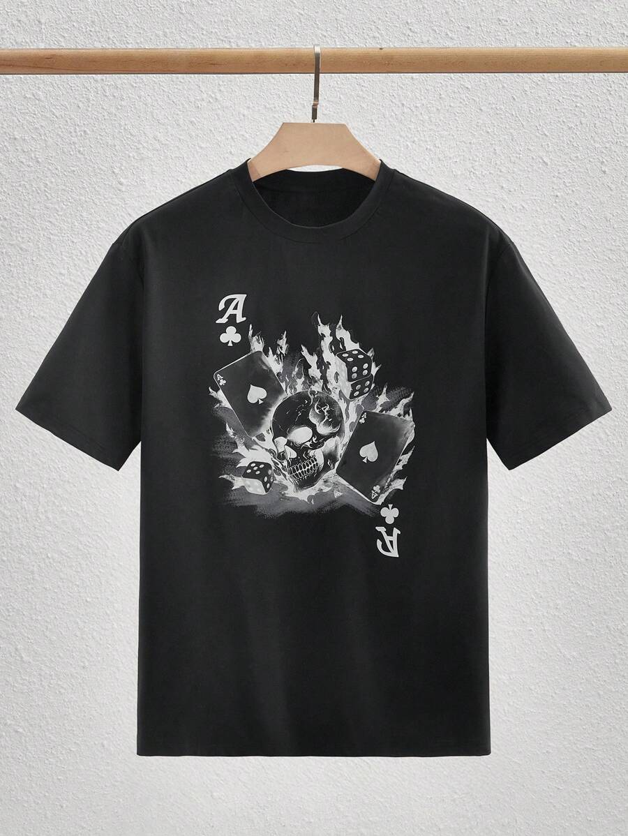 Japanese streetwear black T-shirt with skull, poker card, and dice graphic in gothic style