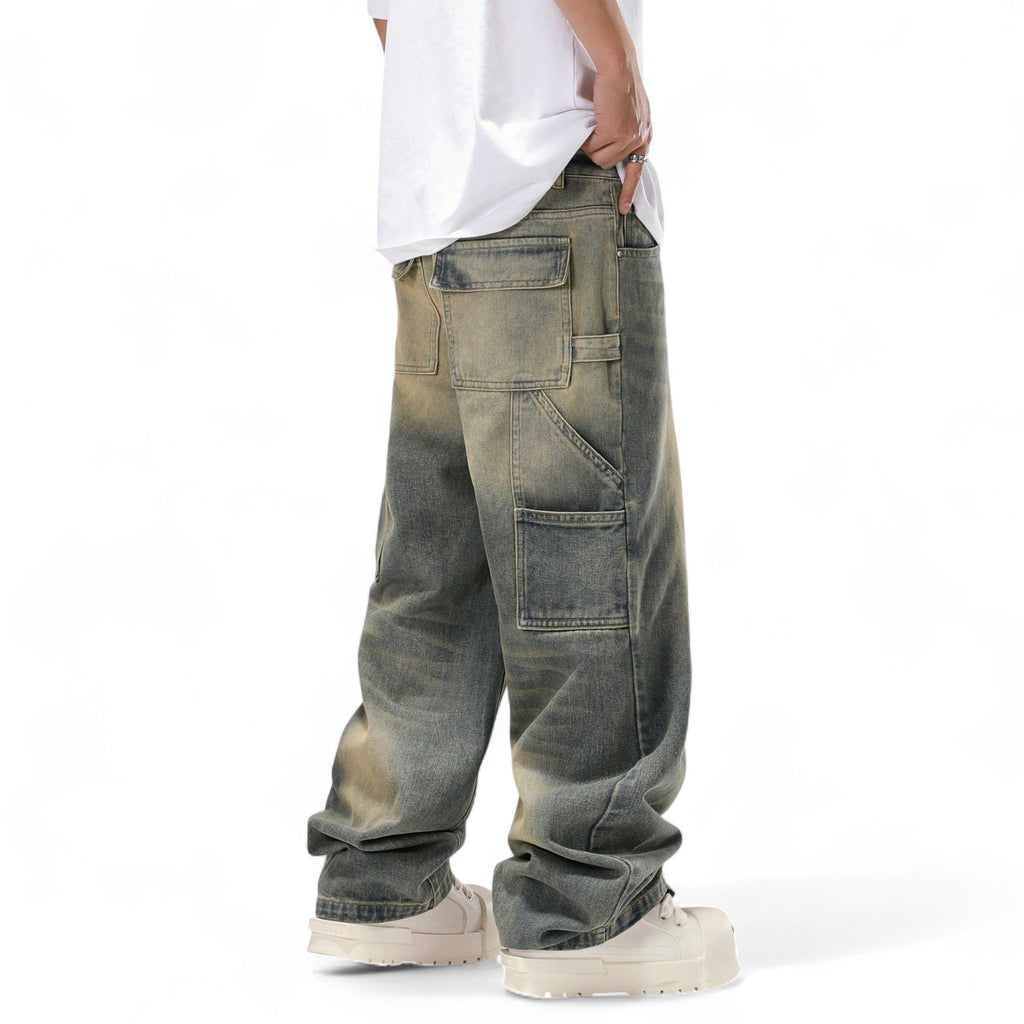 Japanese streetwear baggy jeans in medium wash denim with wide leg and cargo-style pockets