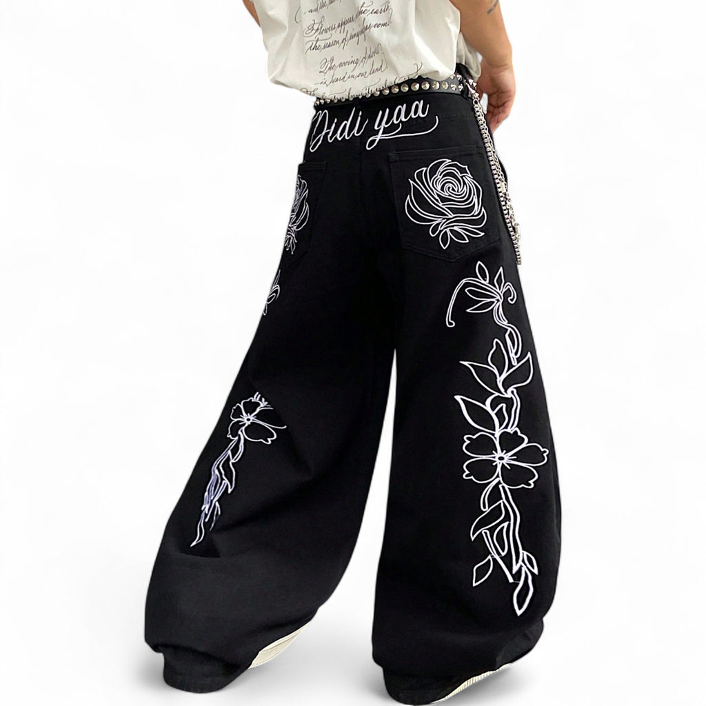 Japanese streetwear floral embroidered wide leg pants black hip hop baggy denim Harajuku style