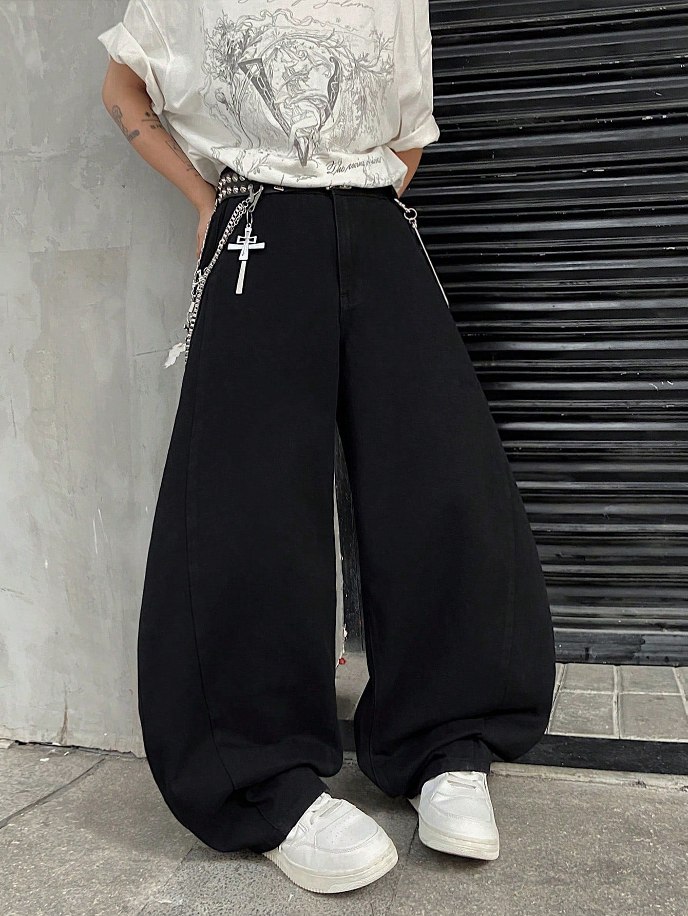Japanese streetwear floral embroidered wide leg pants black hip hop baggy denim Harajuku style