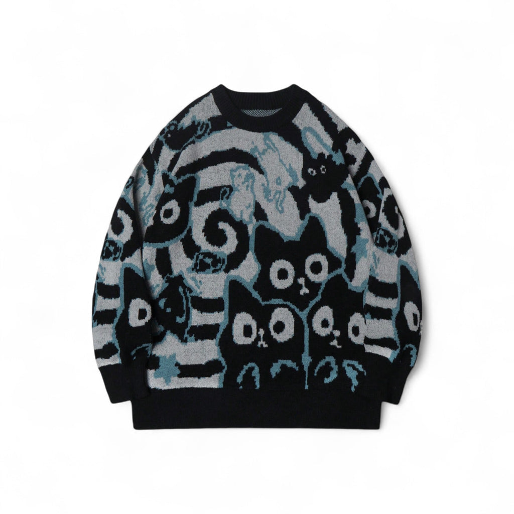 Japanese streetwear cat knit sweater grey cartoon animal pullover kawaii Harajuku fashion