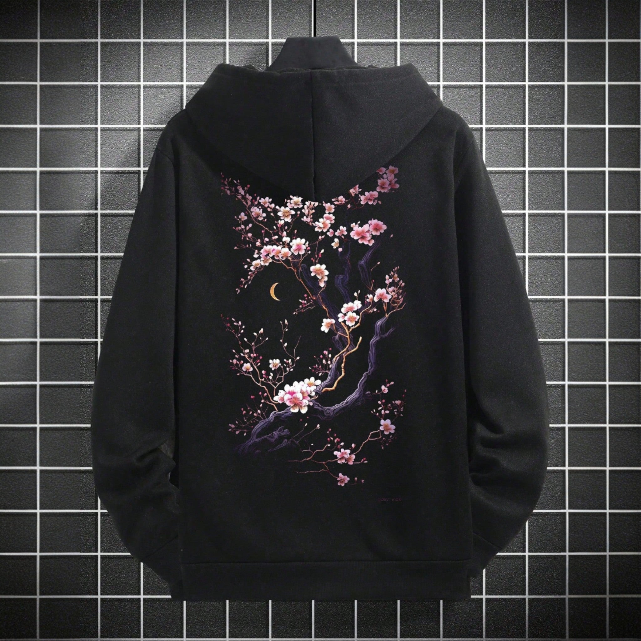 Japanese streetwear sakura hoodie – black oversized cherry blossom print hoodie with drawstring and drop shoulder