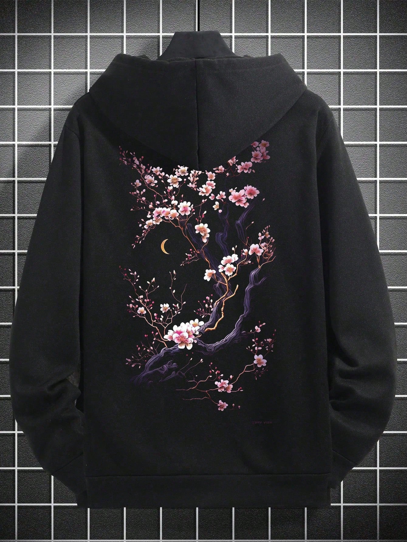 Japanese streetwear sakura hoodie – black oversized cherry blossom print hoodie with drawstring and drop shoulder