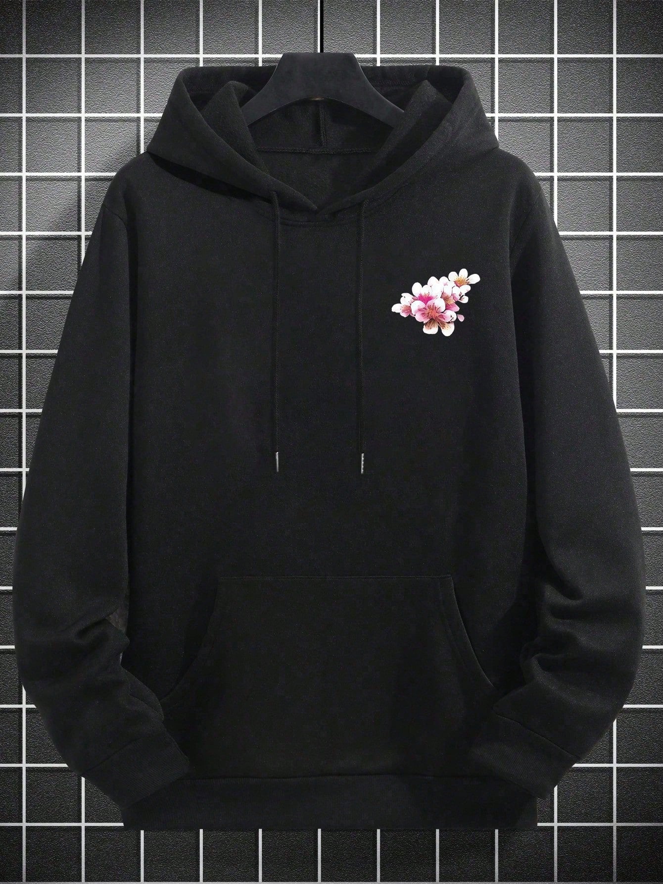 Japanese streetwear sakura hoodie – black oversized cherry blossom print hoodie with drawstring and drop shoulder
