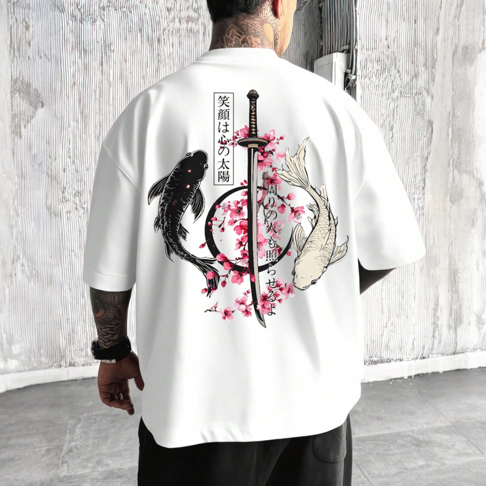 Japanese streetwear white T-shirt with koi fish, katana sword, and cherry blossom graphic design