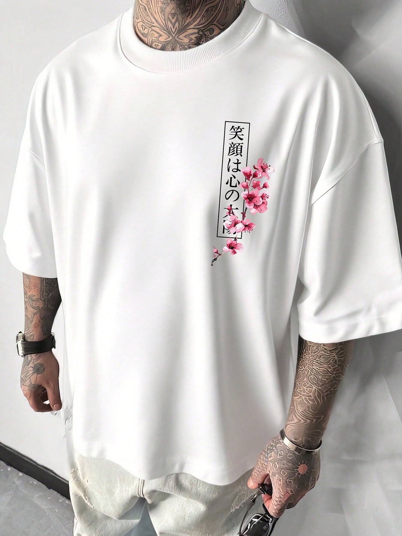 Japanese streetwear white T-shirt with koi fish, katana sword, and cherry blossom graphic design
