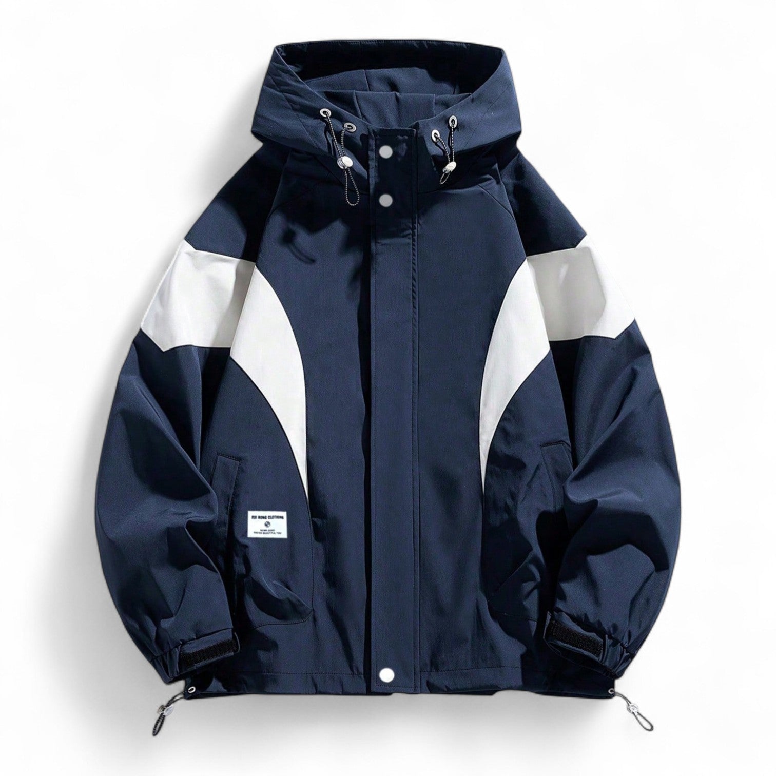 Japanese streetwear hooded windbreaker jacket in blue and white colorblock with zipper and drawstring