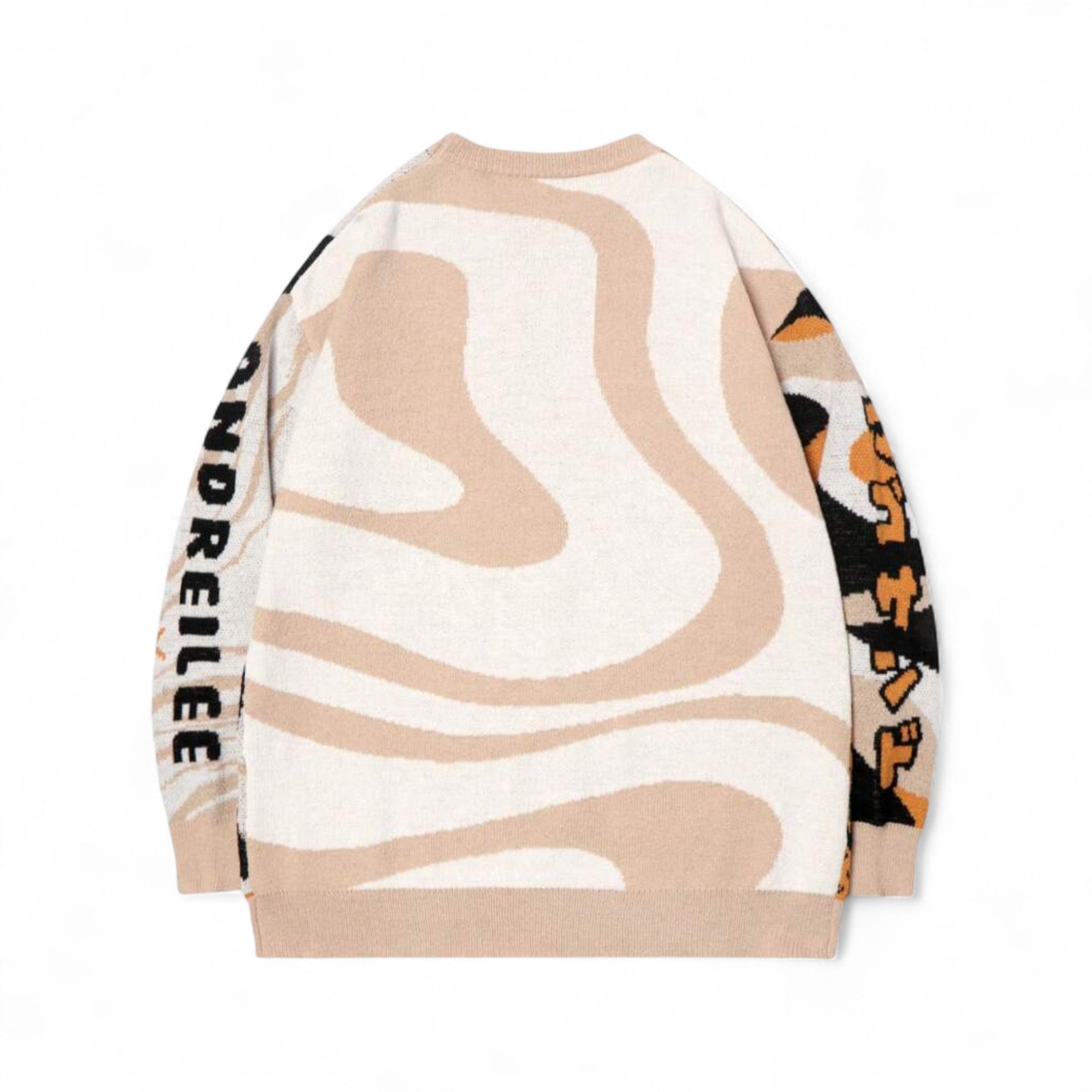 Japanese streetwear cat graphic pullover sweater with anime-inspired design and playful lettering