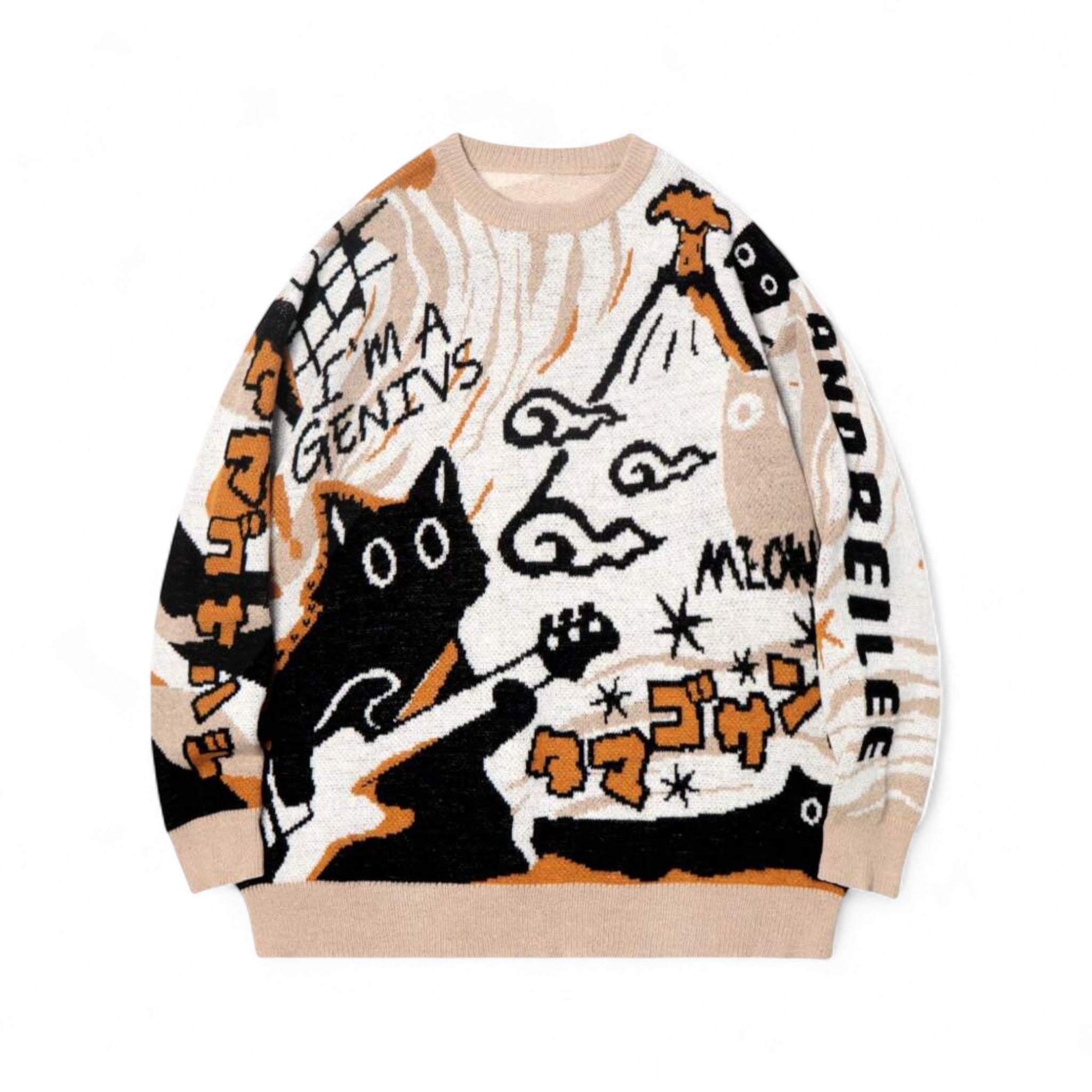 Japanese streetwear cat graphic pullover sweater with anime-inspired design and playful lettering