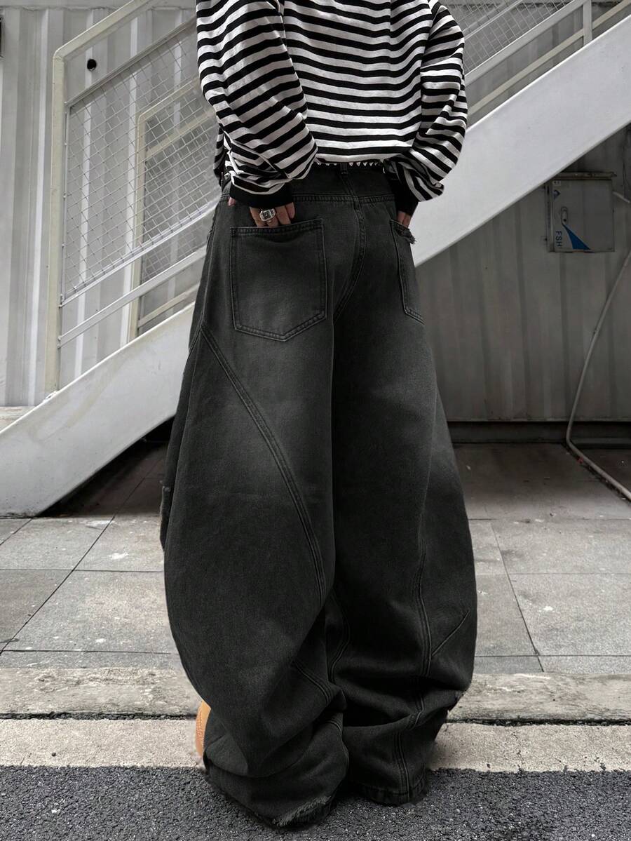 Japanese streetwear distressed wide leg jeans black oversized baggy denim pants Harajuku fashion