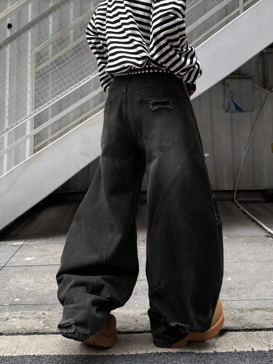 Japanese streetwear distressed wide leg jeans black oversized baggy denim pants Harajuku fashion