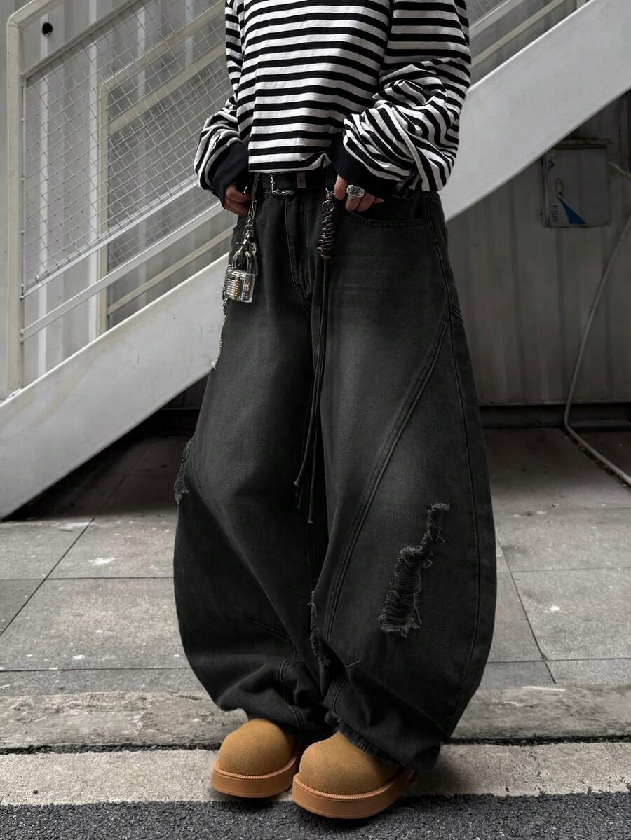 Japanese streetwear distressed wide leg jeans black oversized baggy denim pants Harajuku fashion