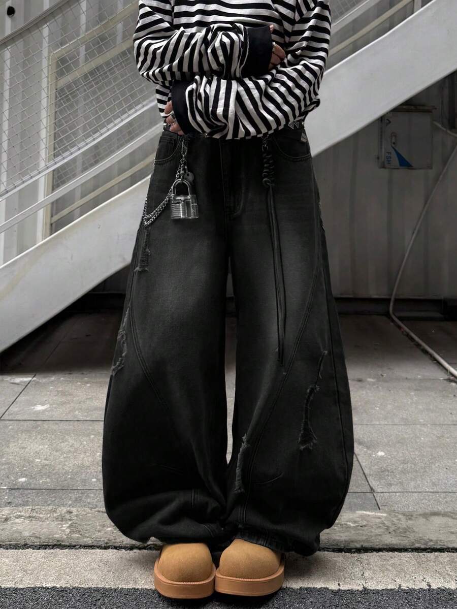Japanese streetwear distressed wide leg jeans black oversized baggy denim pants Harajuku fashion