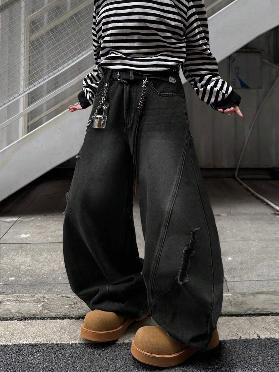 Japanese streetwear distressed wide leg jeans black oversized baggy denim pants Harajuku fashion