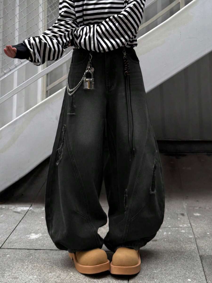 Japanese streetwear distressed wide leg jeans black oversized baggy denim pants Harajuku fashion