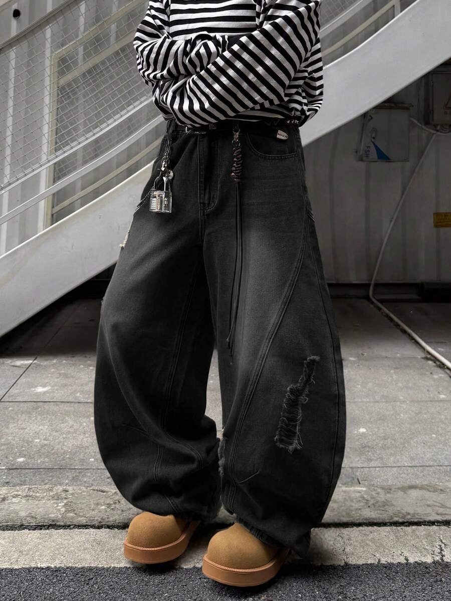 Japanese streetwear distressed wide leg jeans black oversized baggy denim pants Harajuku fashion